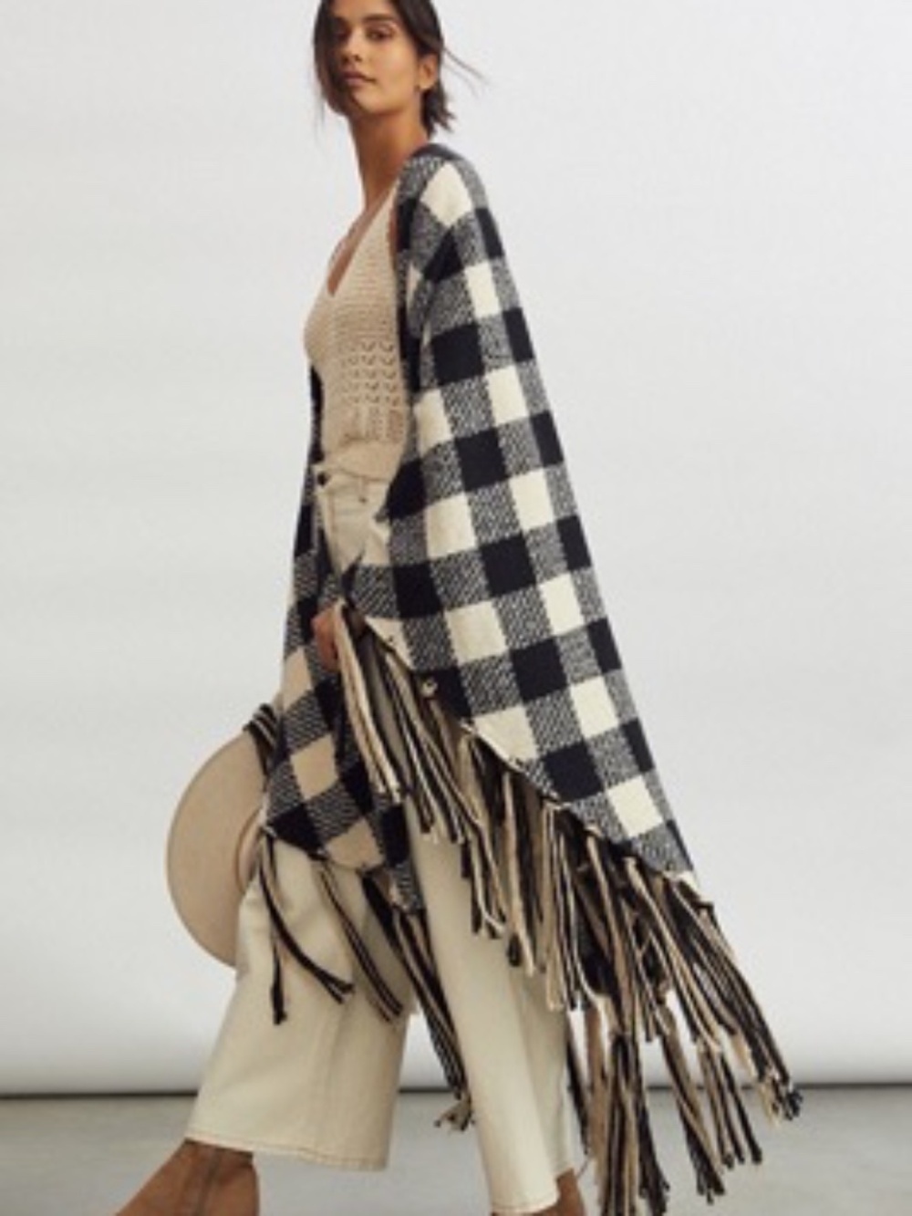 NWT Anthropologie Plaid Fringe Wrap BLACK AND IVORY